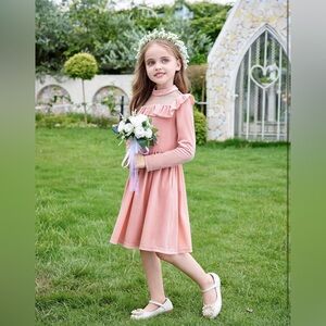 NEW Pink Toddler Girls Long Sleeve Velvet Princess Birthday Dress Pockets 3/4T